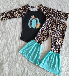 new design kids girls clothes fall outfits Halloween clothes pumpkin toddler baby girls clothes set Leopard bell bottom outfits4396682