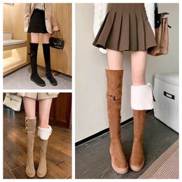 Fashion winter boots womens Knee boots Boot Black khaki Leather Over-knee Boot Party Flat Boots Snow booties Dark brown Thick hee