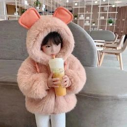 Jackets 2024 Autumn Winter Baby Fur Coat Cute Girl Leather Ears Hooded Artificial Wool Children's Clothing Warm Cotton