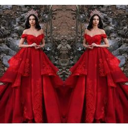 Stunningbride 2024 Dubai Red A-Line Wedding Dress Tiered Skirts Off The Shoulder Ruffles Lace Applqiues Sweep Train Beach Bride Dresses 0523