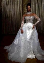 Luxury Pearls Beaded Mermaid Wedding Dresses High Neck Long Sleeves Arabic Dubai Bridal Gowns With Detachable Train Lace Gorgeous Bride Dress 2024