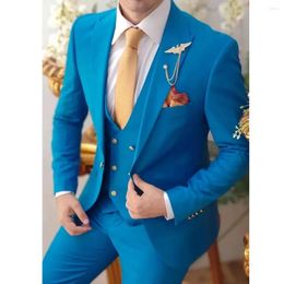 Men's Suits Blue For Men Fashion Blazer Single Breasted Peaked Lapel Skinny 3 Piece Jacket Pants Vest Slim Fit Casual Party Male Cloth