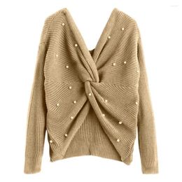 Women's Sweaters 2024 Women Back Criss Cross Beading Knitted Sweater Autumn Winter Elegant OL Warm Pullovers Fashion Solid Jumper Knitwear