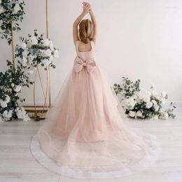 Girl Dresses Simple Princess Ball Gowns Tulle With Bow Pink Satin Sleeveless Floor Length Flower Dress For Wedding First Communion