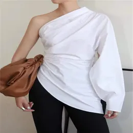 Women's Blouses Metal Chain Neck Wrap Design Slim Fit Pleated One Shoulder Sleeve Off Back Shirt