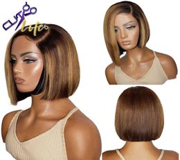 Highlight Color Short Cut Wavy Bob Pixie Wig 4x4 Lace Closure Wigs Peruvian Human Hair Wigs Straight Pre plucked Lace Front Wig S08081767