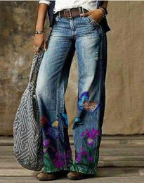 European and American Oversized Women's Casual Wide Leg Pants, Artistic Floral Pattern Jeans