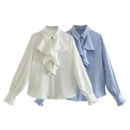 Women's Blouses 2024 Spring And Autumn Shirt Blouse Long Sleeve Ruffle Lapel Silk Satin Textured Office Wear Tops