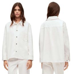 Lowes Heavy New Yi LO Luo Craft Towel Embroidered Pocket Loose and Versatile White Denim Shirt Women's Shirt E6JL