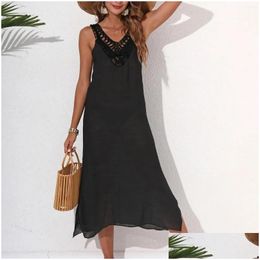 Basic Casual Dresses 2024 Summer Womens Holiday Beach Hand Hooked Patchwork Tank Dress Solid Colour Sleeveless Long Er Up Drop Deliver Dhq4K