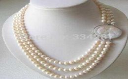 Genuine 3 Rows 78MM Freshwater pearl Necklace Cameo Clasp012418547
