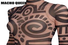 Stage Wear Women Summer Tribal Tattoo Print Mesh Jumpsuit African Aztec Retro Bodysuit Celebrity Catsuit Jumpsuit14114447