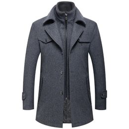 Winter Men Slim Fit Wool Trench Coats Fashion Middle Long Outerwear Mens Double Collar Zipper Solid Colour Casusal Woollen Coats 240118