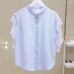 Women's Blouses Elegant Short Sleeve Office Top Female Spring Fashion Blue Striped Shirts Woman Summer Casual Chiffon Blouse For Women JNF47