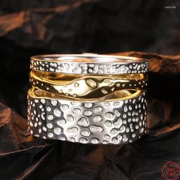 Cluster Rings S925 Sterling Silver For Women Men Fashion Three In One Lava Texture Pattern Gold Plated Punk Jewelry