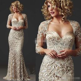 Champagne Lace Mother of Bride Dresses Jacket Long Sleeves Beaded 2020 Plus Size Custom Made Mermaid Sweetheart Neckline Evening P254e