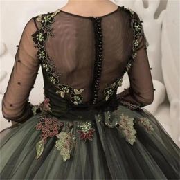 Girl Dresses Green Lace Appliques Flower Wedding Ball Gown Tulle Pearl Princess Long Sleeve Pageant First Communion Dress Kids