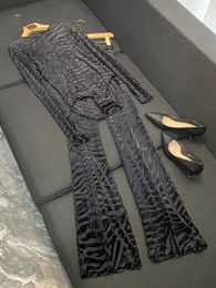 2024 Spring Black Striped Two Piece Pants Sets Long Sleeve Round Neck Velour Top + Flare Trousers Pants Set Two Piece Suits O4J152730