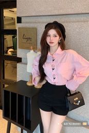 Women's Blouses Korean Style Pink Flower Button Design Sweet Cute Girly Fashion Shirt Spring Solid Color Loose Trendy Long-sleeved Top