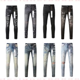 Purple Jeans Designer for Mens Brand Hole Skinny Motorcycle Trendy Ripped Patchwork All Year Round Slim Legged