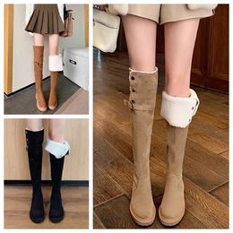Fashion winter boots women Knee boots Tall Boot Black khaki Leather Over-knee Boot Party Flat Boots Snow booties Dark brown Lambhair Thick heeled high heel