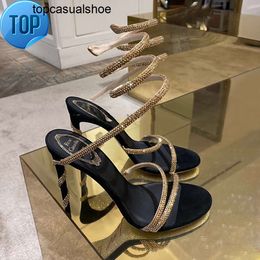 Rene caovilla embellished Sandals Rhinestone Heels Margo Snake stiletto Heel sandals Women's Luxury Designers Ankle Wraparound shoe factory footwear 95mm Wit