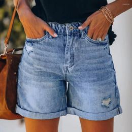 Women's Shorts High Waist Ripped Pocket Design Solid Skinny Stretchy Denim Women Casual Cuffed Hem Jean Pants