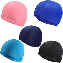 Swimming Caps New Swimming Cap Elastic Waterproof PU Fabric Protect Ears Long Hair Sports Swim Pool Hat Free Size for Men Women Solid Color YQ240119