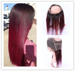 Wine Red Ombre 360 Band Lace Frontal Closure Pre Plucked Silky Straight 1B99J Burgundy Red Brazilian Hair Full Frontals 360 Band 9593710