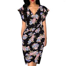 Casual Dresses Women'S Deep V Neck Ruffle Short Sleeve Wrap Dress Sexy Cocktail Party Night Elegant Lady Bodycon Vestidos Ropa