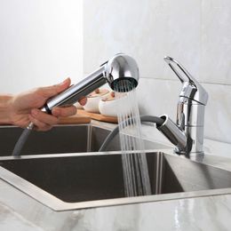 Bathroom Sink Faucets Commercial Stainless Steel Single Handle Pull Out With Sprayer Kitchen Faucet Hole 360° Rotation