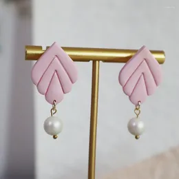 Dangle Earrings Pink Leaf Drop Earring For Women Refro Geometry Pearl Pendant Handmade Polymer Clay Stud Jewelry Accessory Gifts