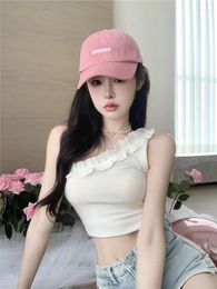 Women's Tanks Summer Y2k One Shoulder Crop Top 2024 Women Knitted Short Sexy Camisole Ruffled Cropped Cami Tops