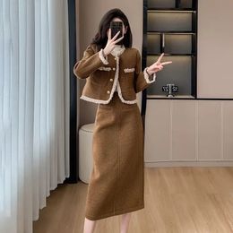 UNXX Autumn Winter Tweed 2 Pieces Set Women Colorblocked Short Tops Pencil Skirts Casual Simple Office Skirt Suits Women 240118