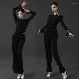 Stage Wear 2024 Latin Dance Costumes For Women Black Long Sleeved Tops Bud Pants Modern Performance DN14196