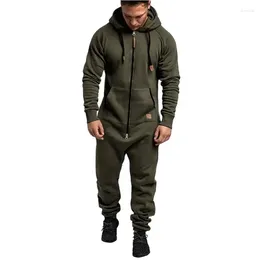 Men's Tracksuits Men Zipper Half-open Double Pockets Jumpsuit Autumn Winter Long Sleeve Hooded Rompers Male Thickened Warm Pencil Pants