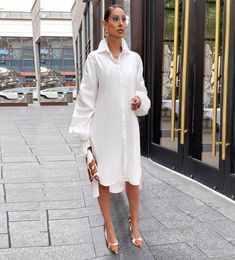 Casual Dresses Women White Shirt Dress Long Sleeve Turn Down Collar Loose Midi Fall Winter Fashion Office Lady Robe 20226982201