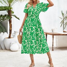 Casual Dresses Boho Dress For Women Spring Summer Midi Lenth Short Sleeve Shirred Floral Printed Party Beach Outfit