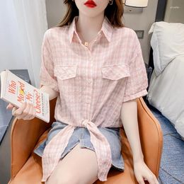 Women's Blouses Fashion Summer Tie Front Crop Top Button Up Collared Shirts Loose Casual Korean Sweet Short Sleeve Pink Plaid Women Tops