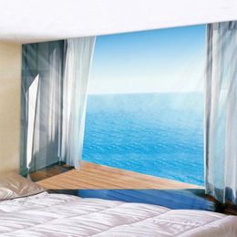 Tapestries Imitation Window Landscape Tapestry Wall Hanging Cloth Sea View Waterfall Living Room Bedroom Home Fabric Decoration