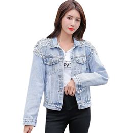 Spring Autumn Woman Basic Coats Women Denim Jacket Pearls Beading Fashion Jeans Coat Loose Long Sleeve Jackets Womens Jacket Designer Jackets 679