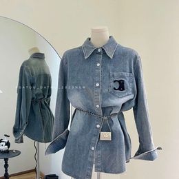 Kvinnors skjorta designer blus mode dubbel c brev broderi grafisk denim jacka casual lös lyxknapp skjortor