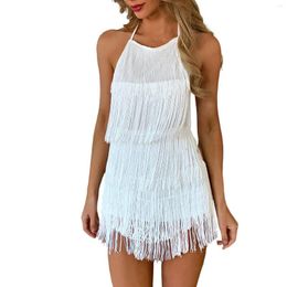 Women's Blouses Summer Sexy Dresses Halter Neck Solid Color Tassel Fringe Skirt Lady Dress Sleepshirts Vestido