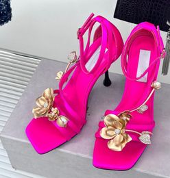 Top Luxury Luxury Brand Women Zea Sandals Shoes !! Elegant Metal Flowers Pumps Square Toe Lady High Heels Black Satin Wedding,Party,Dress,Evening EU35-41