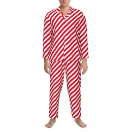 Men's Sleepwear Red Line Print Pyjama Set Stripes Christmas Comfortable Men Long Sleeve Retro Bedroom 2 Piece Nightwear Plus Size