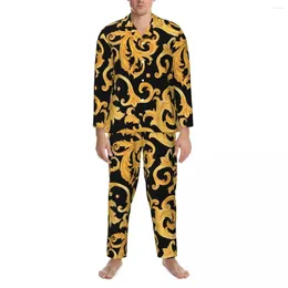 Men's Sleepwear Baroque Print Pajamas Set Gold Floral Trendy Men Long-Sleeve Aesthetic Bedroom 2 Pieces Nightwear Large Size