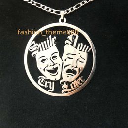 14K Gold Plated Silver Smile Now Cry Later Round Pendant 3mm Cuban Chain Link Necklace