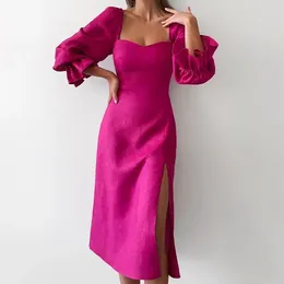 Casual Dresses Square Collar Women Dress Puff Sleeve Autumn Side Split A-Line Rose Red Midi Streetwear Party Vestido Clothing