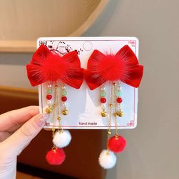 Year's Big Red Clip Girl's Bow Christmas Chinese New Year Costume Dressing Tassel Hair Accessories Pair