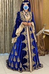 Moroccan Kaftan Evening Dresses Long Flare Sleeve Royal Blue And Champagne Crystal Beaded Arabic Dubai Abaya Formal Party Gowns Hign Neck